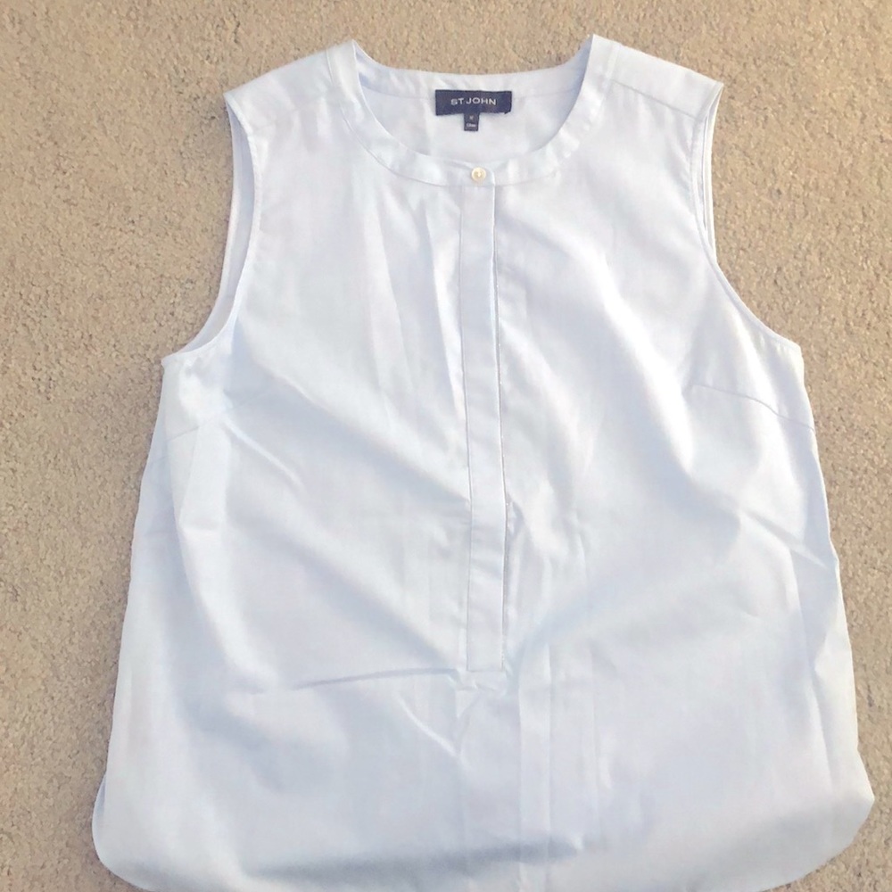 St John Stretch Shirting Sleeveless Blouse Cotton Blend Top light Blue Sz Medium